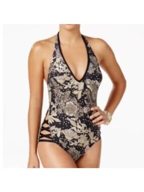 Carmen Marc Valvo NEW Halter Plunge Lace Up Hips 14 Resort One Piece Swimsuit